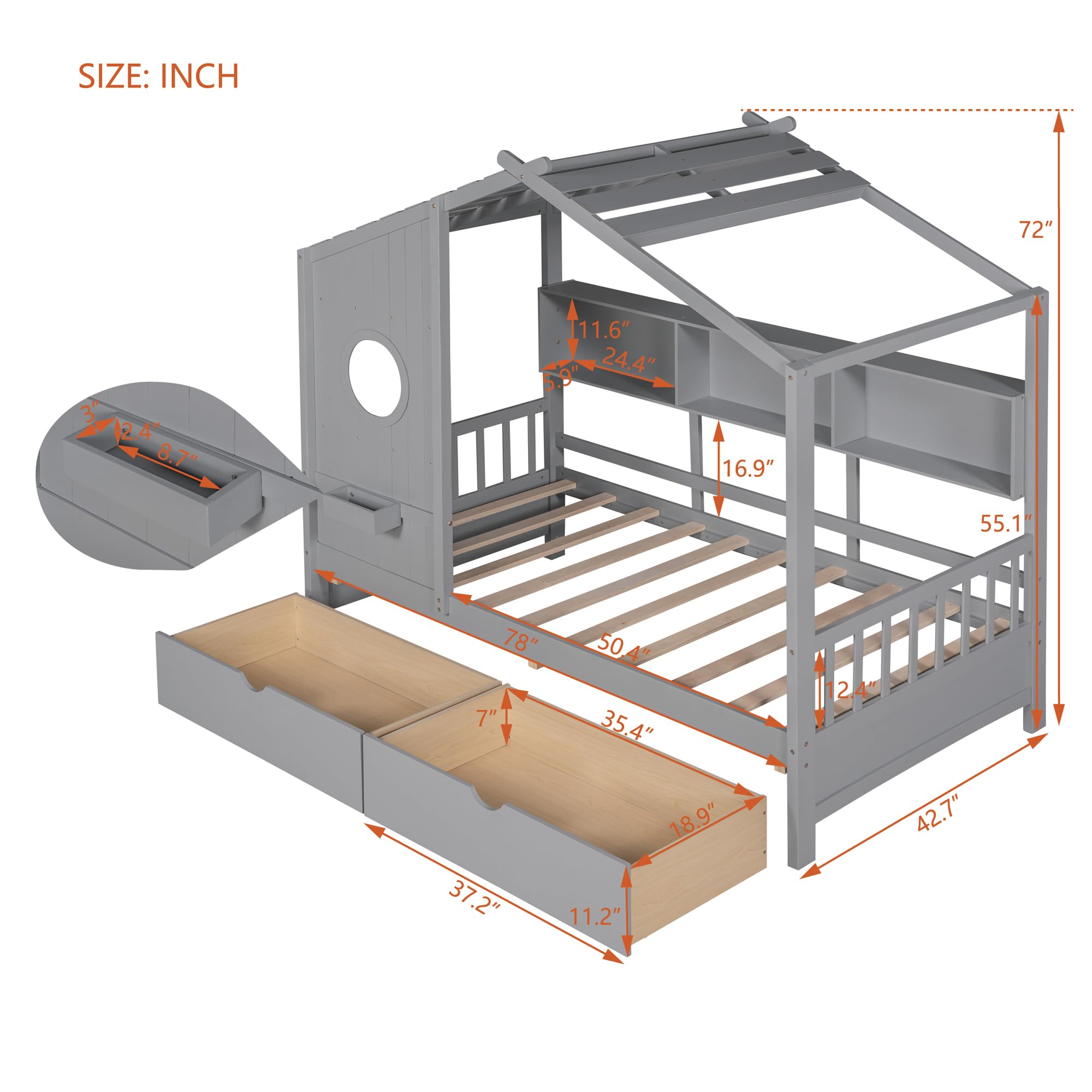 Harper & Bright Designs Wooden Twin Size House Bed Frame with 2 Drawers for Boys Girls Kids Toddler,Kids Bed with Storage Shelf, Gray