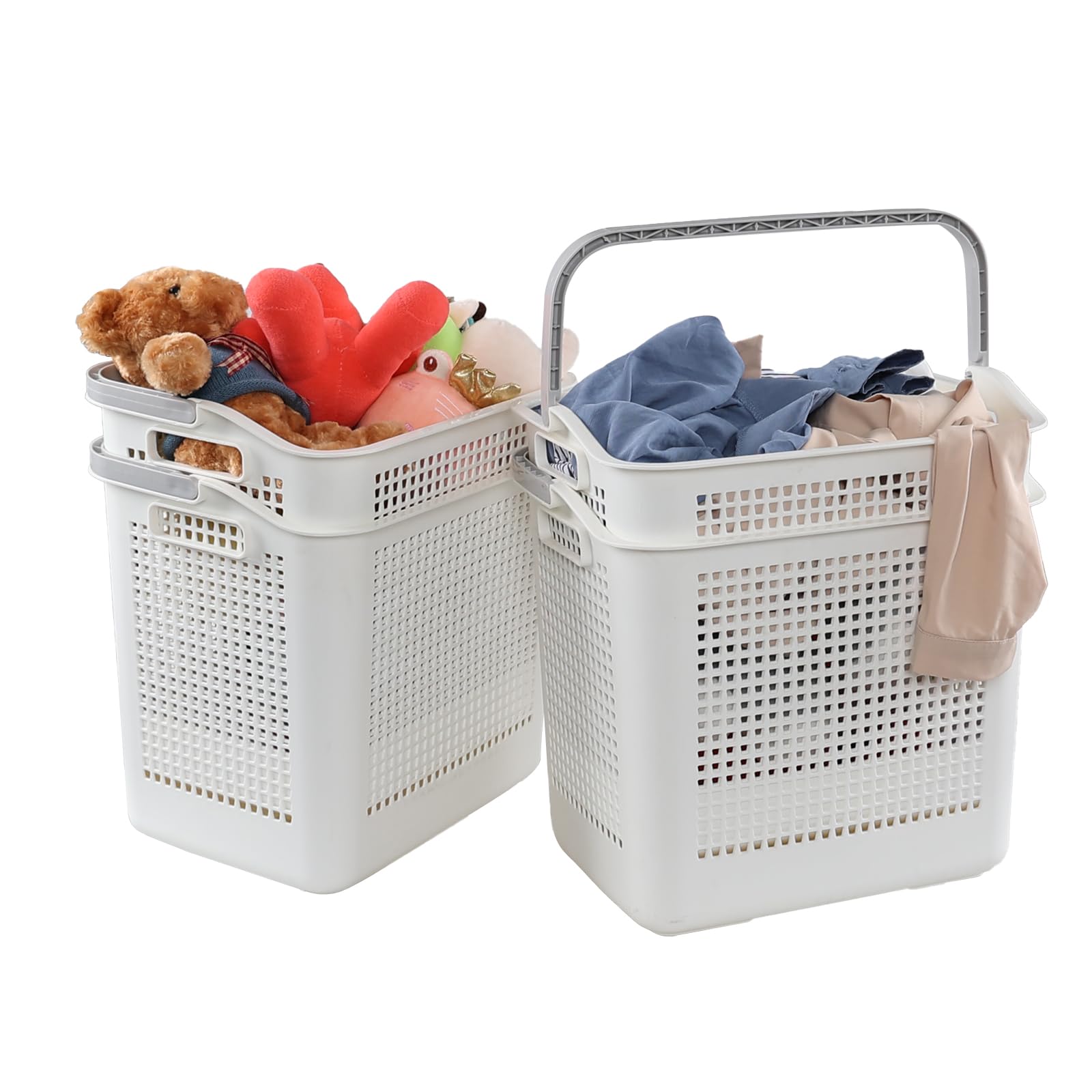 Minekkyes Set of 4 Large Hampers for Laundry with Handles, Plastic Laundry Baskets Bin, Dirty Clothes Storage Bin, White