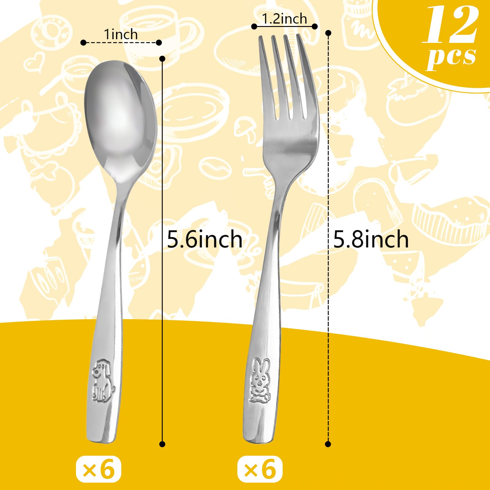 HANSGO 12PCS Children Safe Forks and Spoons, Silverware for Kids Cutlery Set Toddler Utensils Stainless Steel Tableware with Bunny and Puppy Motifs