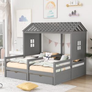 P PURLOVE Twin Double Shared Bed,Twin Size House Platform Beds with Two Drawers for Boy and Girl Shared Beds, Montessori House Bed Frame Combination of 2 Side by Side Twin Size Beds,Gray