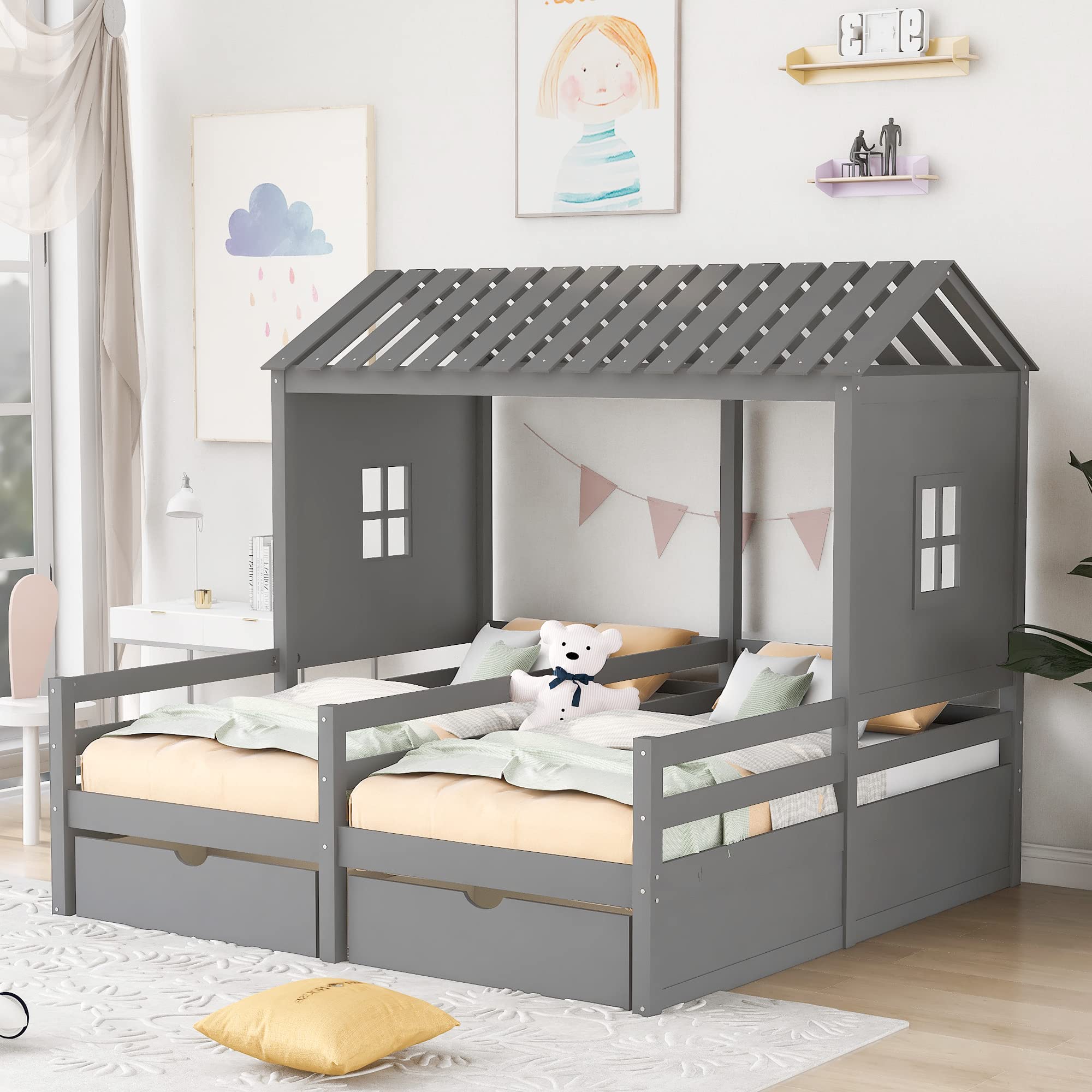 P PURLOVE Twin Double Shared Bed,Twin Size House Platform Beds with Two Drawers for Boy and Girl Shared Beds, Montessori House Bed Frame Combination of 2 Side by Side Twin Size Beds,Gray