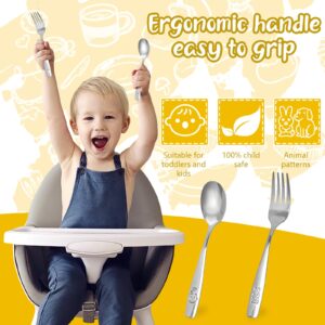 HANSGO 12PCS Children Safe Forks and Spoons, Silverware for Kids Cutlery Set Toddler Utensils Stainless Steel Tableware with Bunny and Puppy Motifs