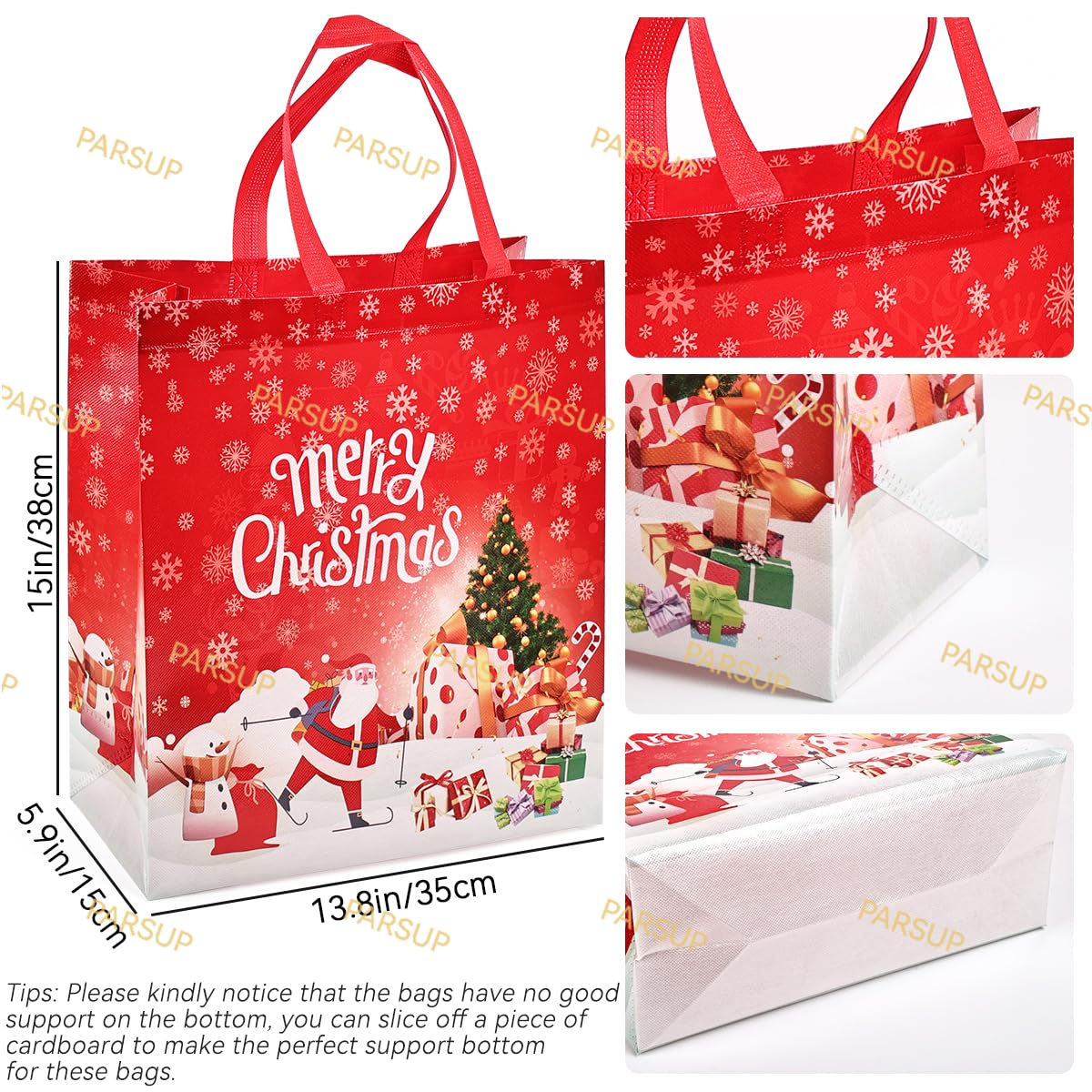 PARSUP 8PCS Large Christmas Gift Bags, Tote Bags with Handles, Christmas Treat Bags, Multifunctional Non-Woven Christmas Bags for Gifts Wrapping Shopping, Xmas Party Supplies, 15"×13.8"×5.9"