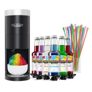 hawaiian shaved ice homepro shaved ice and snow cone machine kit, 6-16oz. syrup flavors cherry, grape, blue raspberry, tiger’s blood, lemon-lime, pina colada, 50 spoon straws, 6 black pour spouts