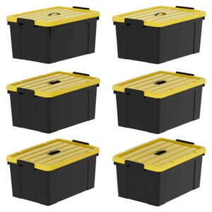 Cetomo 72Qt*6 Durabilt Flip Lid Stackable Heavy Duty Tough Storage Container Tote, Plastic Storage Bins, Storage Box, Black Base with Yellow Lid (6 Pack)