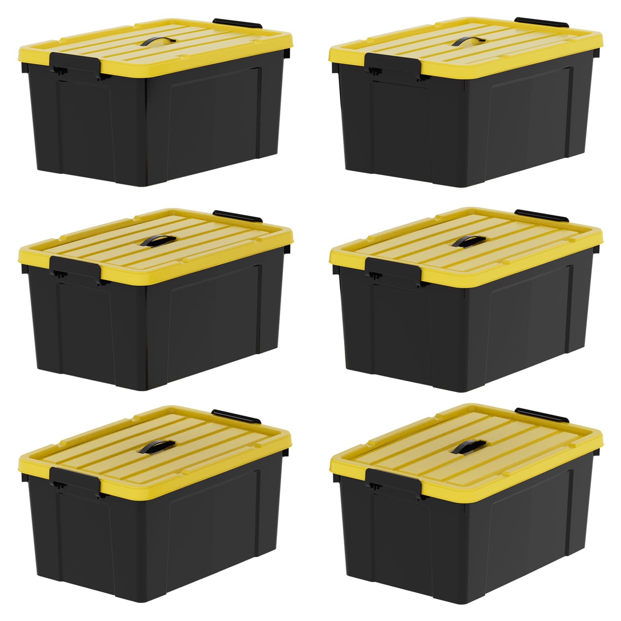 Cetomo 95Qt*6 Durabilt Flip Lid Stackable Heavy Duty Tough Storage Container Tote, Plastic Storage Bins, Storage Box, Black Base with Yellow Lid (6 Pack)