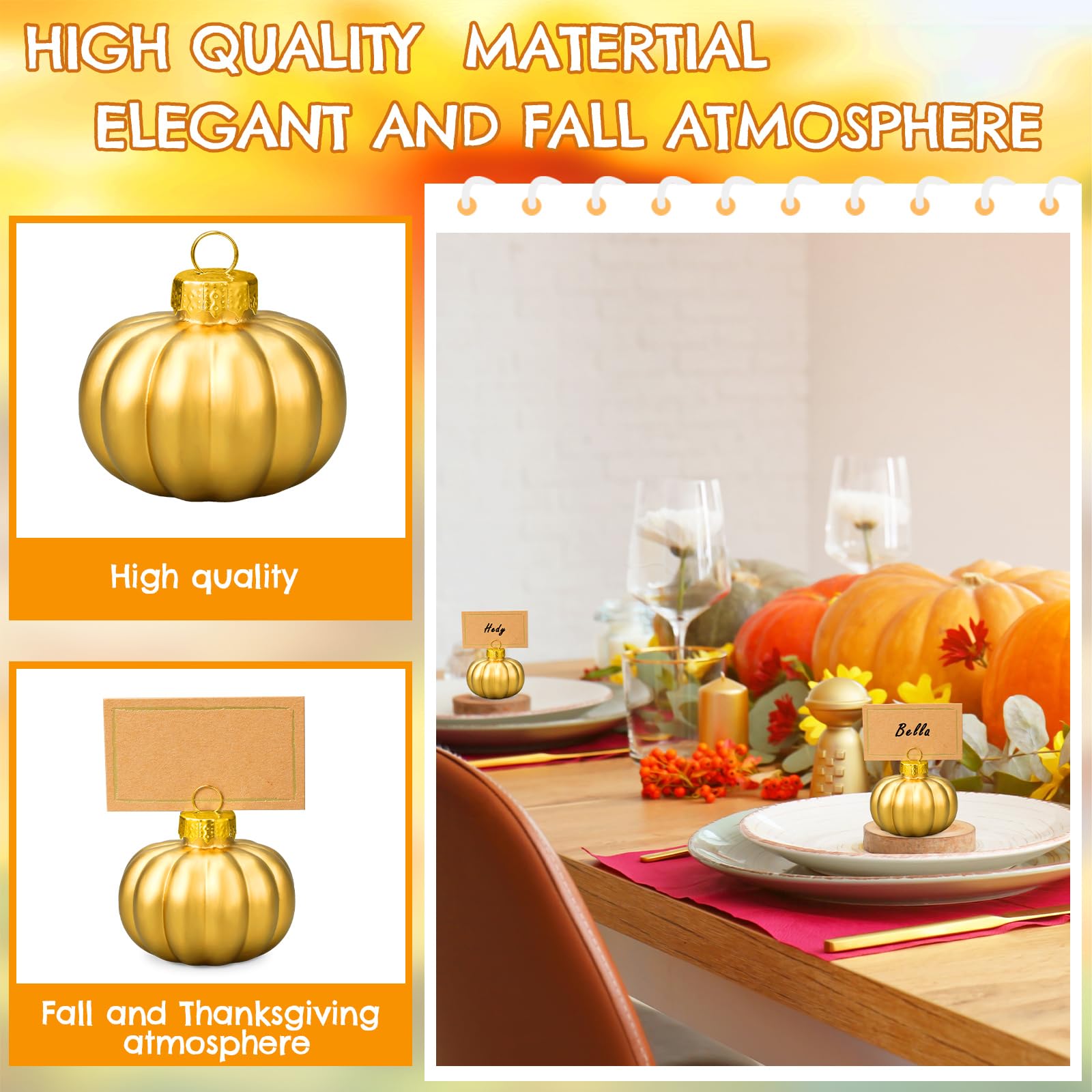 Soaoo 24 Set Thanksgiving Glass Harvest Pumpkin Place Card Holders with Thanksgiving Greeting Cards Fall Pumpkin Decor Table Name Holders Table Sign Card Holder for Thanksgiving Wedding Party (Gold)