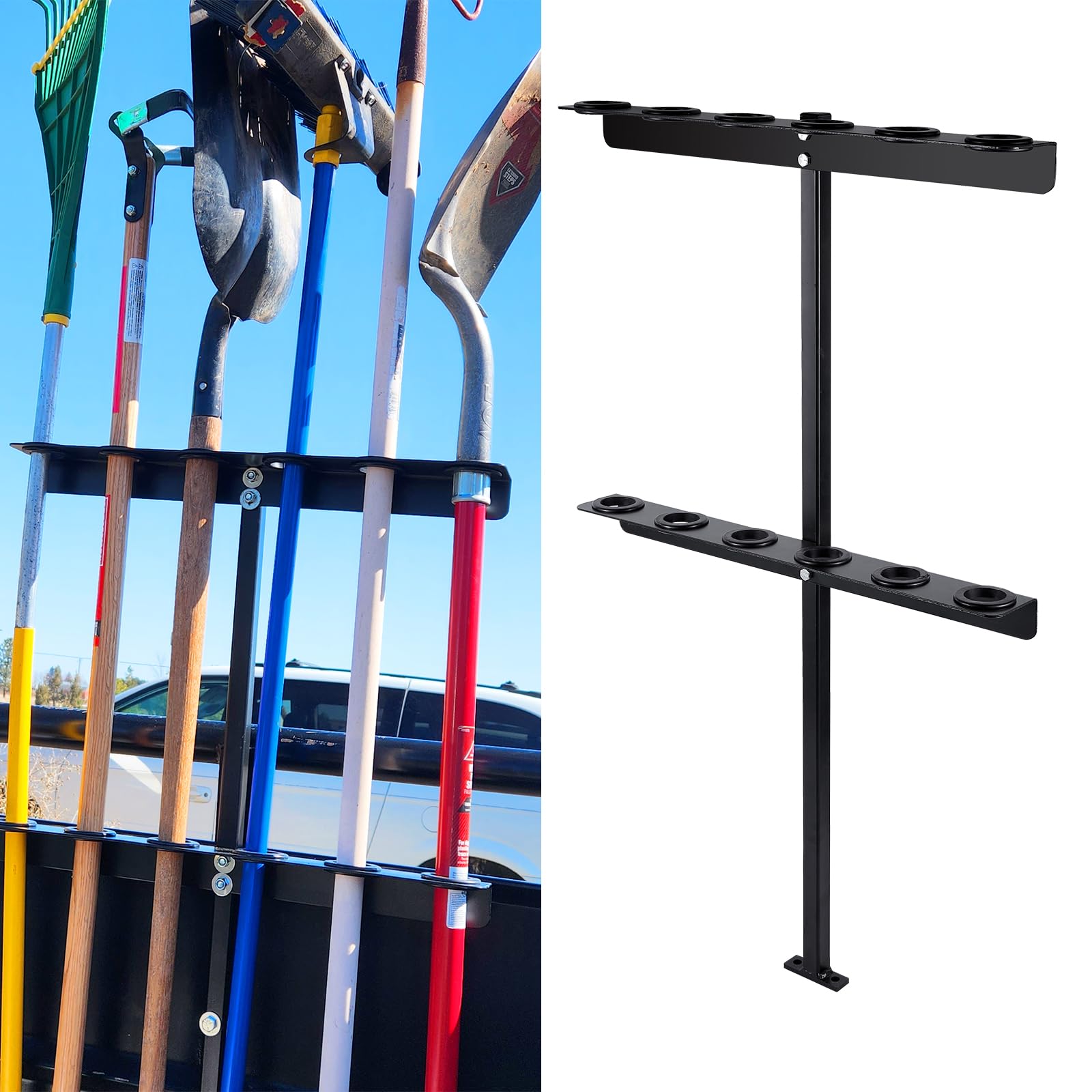 TECTRUC Vertical Hand Rack Landscape Hand Tool Rack,6 Holes Long Handle Tool Storage Holder for Truck Trailer& Garage or Shed Walls Holds 6 Tools for Shovels, Rakes, Hoes（1 Pack, Black）