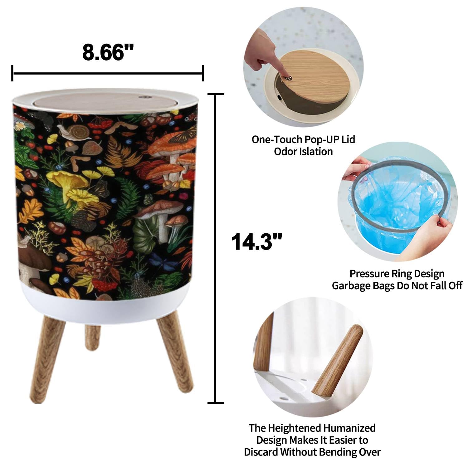 Small Trash Can with Lid for Bathroom Kitchen Office Diaper Seamless mushrooms plants insects berries Fly chanterelles white Bedroom Garbage Trash Bin Dog Proof Waste Basket Cute Decorative