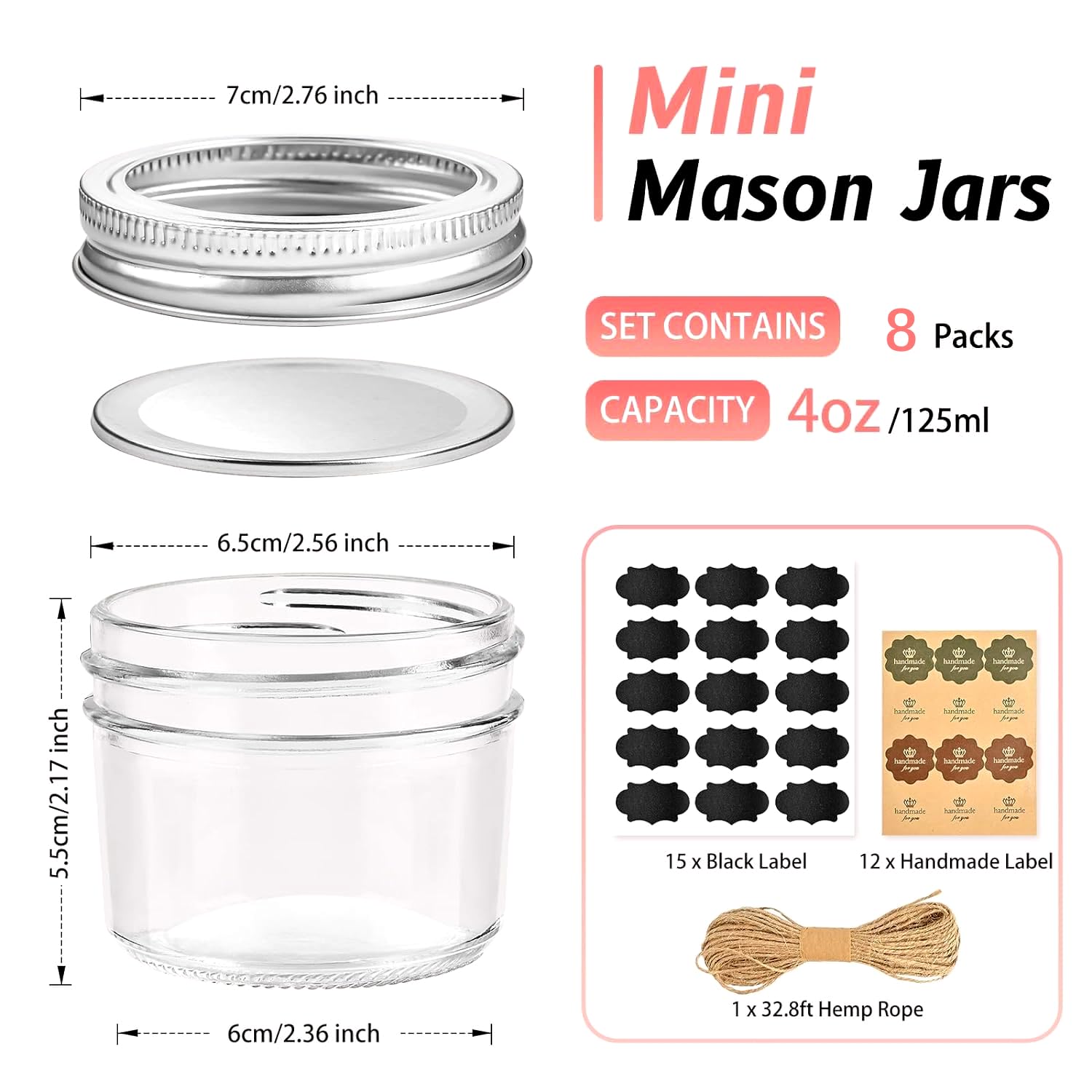 TUZAZO Small Mason Jars 8 Pack, 4 oz Mini Glass Mason Jars with Lids and Labels, Small Glass Canning Jars for Jelly Spice Herbs Honey Jam Storage