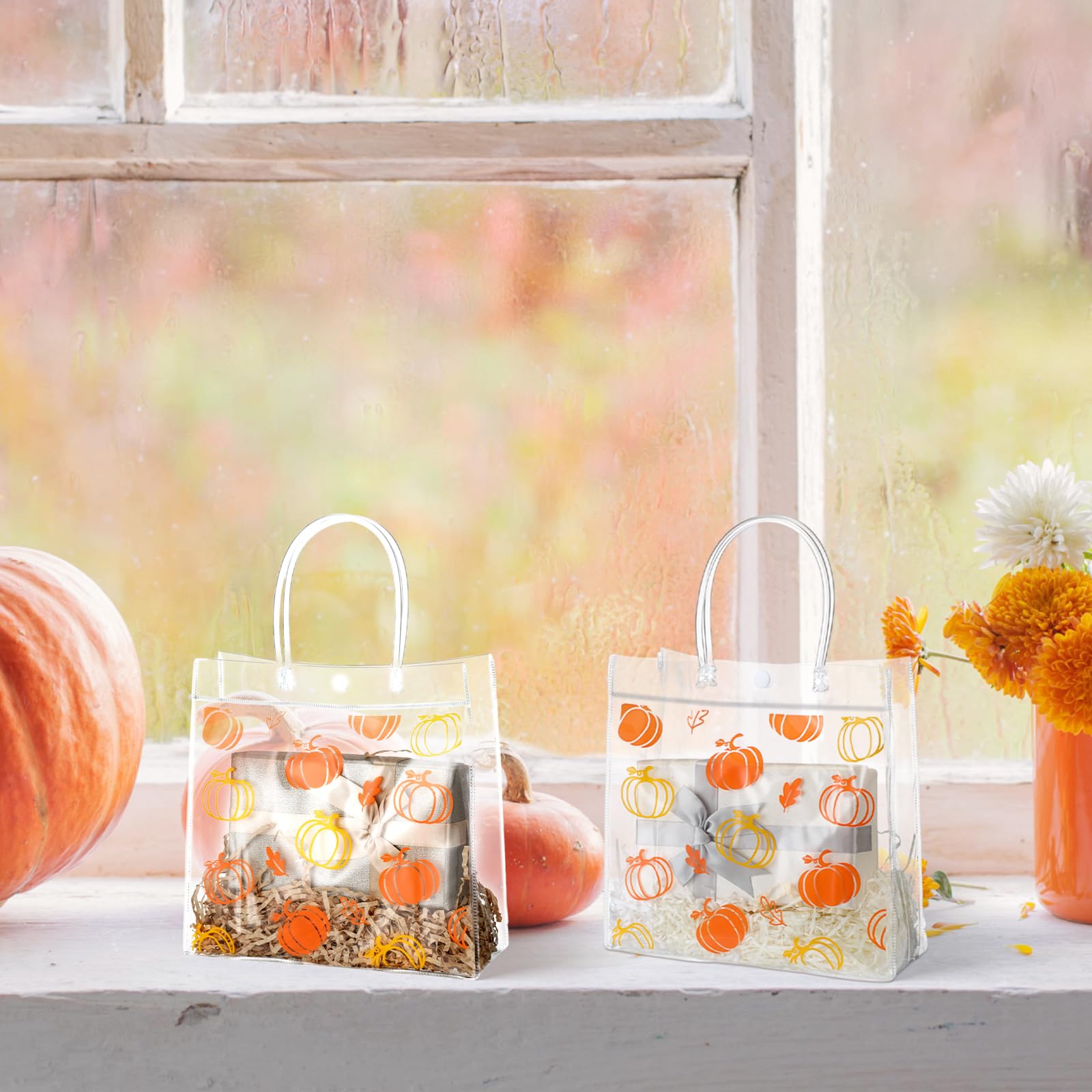 Aliceset 12 Pcs Clear Fall Pumpkin Gift Bag with Handles Pumpkin Party Plastic Favor Bag Fall Treat Bag Bulk Halloween Goodie Bag for Thanksgiving Day Fall Party Favor, 8 x 8 x 3.15 Inch(Orange)