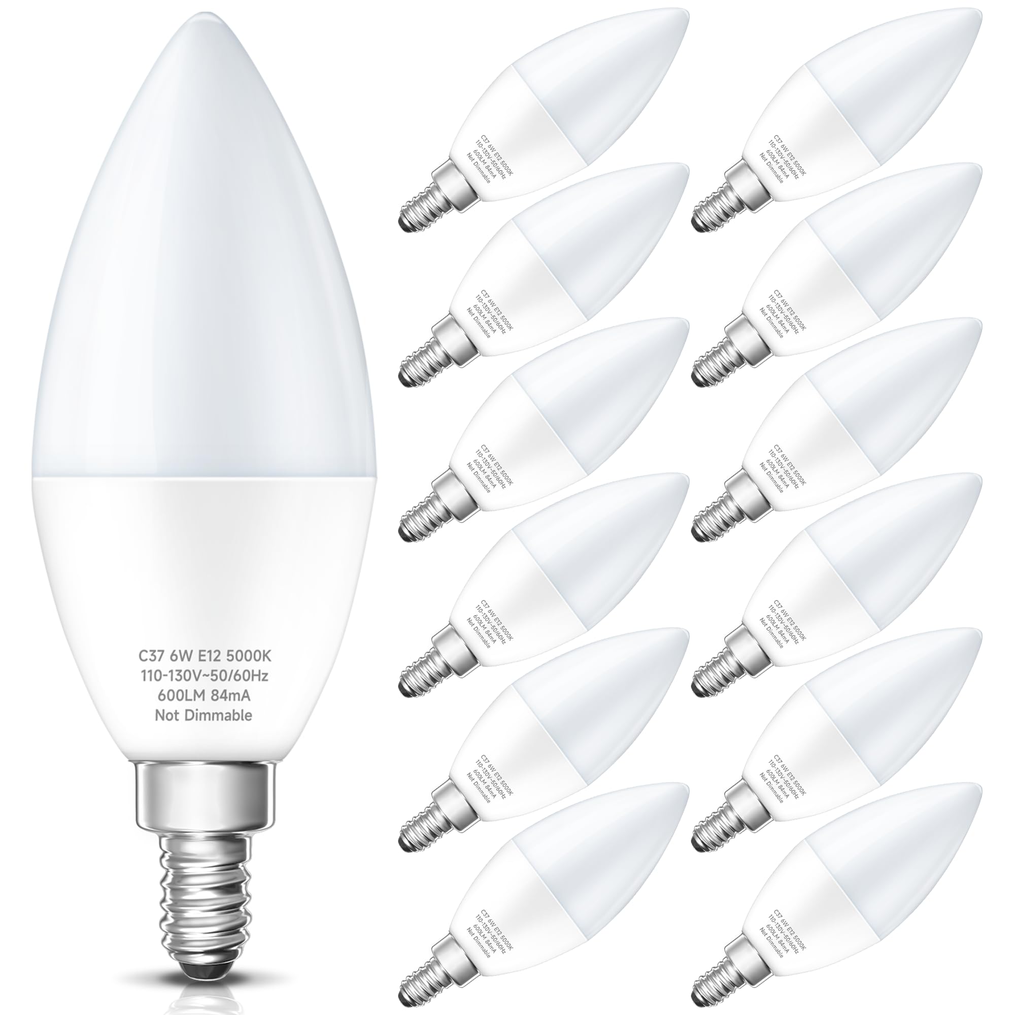 Eastiya Ceiling Fan Bulb Chandelier Bulbs 60 Watt Equivalent, 5000K Daylight White Candelabra LED Light Bulbs, E12 Small Base 6W B11 600LM, Non-Dimmable, Pack of 12