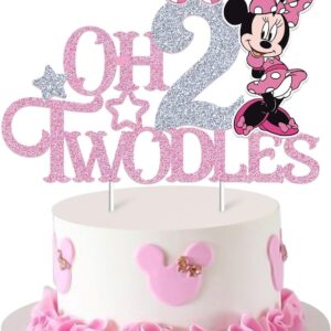 Mouse Oh Twodles Cake Topper for Girls, Pink Glitter Mouse Second 2nd Birthday Cake Topper with Pink Bows for Girls Birthday Party Decorations Supplies(Double-sided), Silver&pink (Silver&pink)