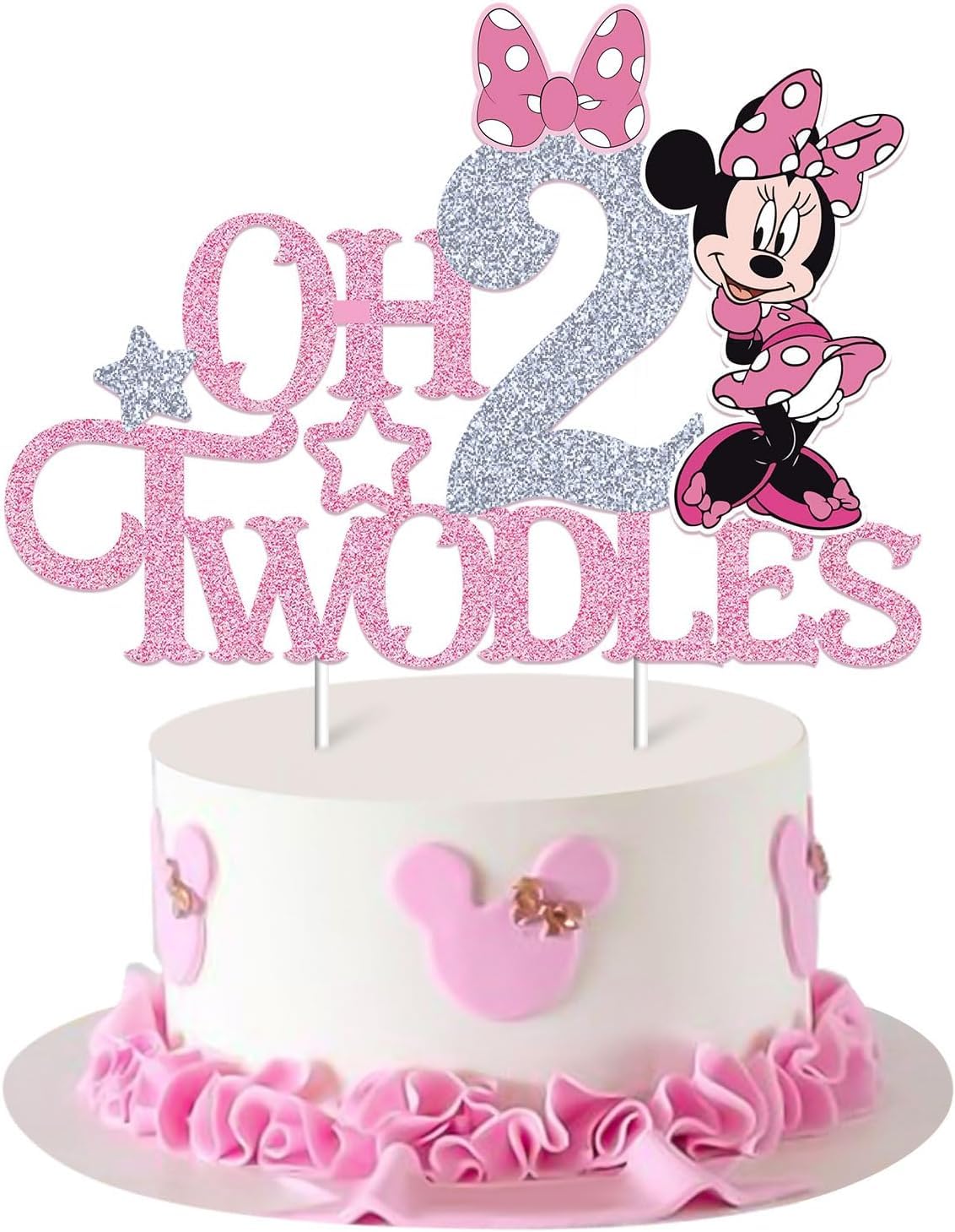 Mouse Oh Twodles Cake Topper for Girls, Pink Glitter Mouse Second 2nd Birthday Cake Topper with Pink Bows for Girls Birthday Party Decorations Supplies(Double-sided), Silver&pink (Silver&pink)