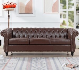 venyaa higher quality and stronger 84.65" pu 3 seater sofa couch with enhanced legs and rolled arm for living room office, thickened reinforced 3 seater leather couch (easier to assemble) (dark brown)