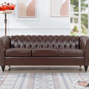 VENYAA Higher Quality and Stronger 84.65" PU 3 Seater Sofa Couch with Enhanced Legs and Rolled Arm for Living Room Office, Thickened Reinforced 3 Seater Leather Couch (Easier To Assemble) (Dark Brown)