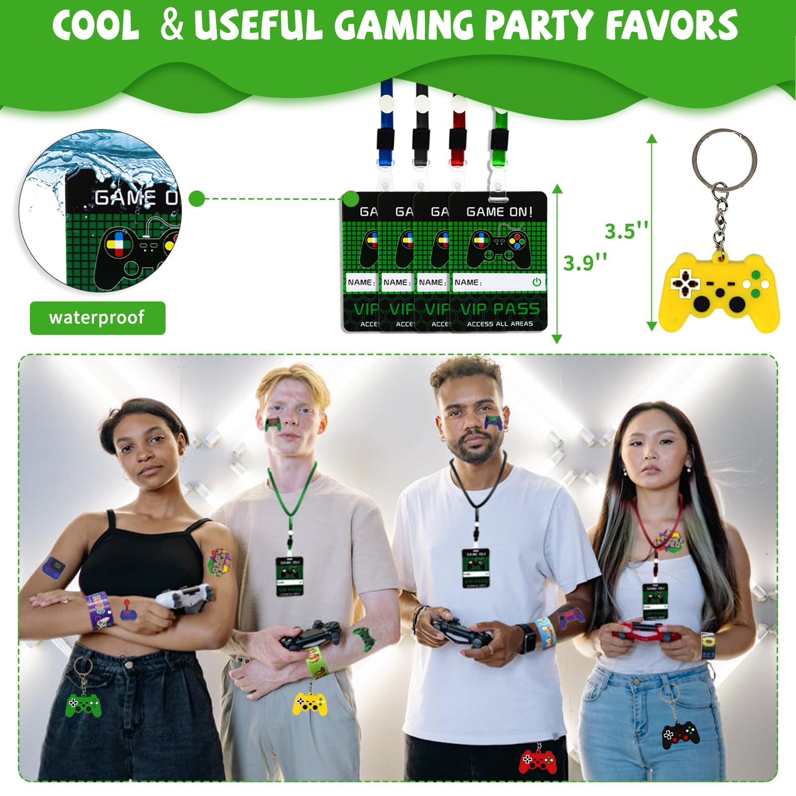 146 Pcs Video Game Party Favors, Gamer Party Favors -Ink Pen Notebook VIP Passes with Lanyards Slap Bracelets Keychains Bags Tattoo Stickers for Kids Gaming Party Favors Game On Birthday Party Favor