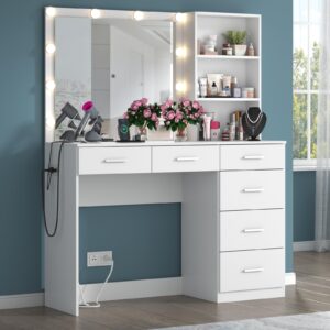 gyfimoie 39 inches white vanity desk with lights, 6-drawers makeup vanity table with power strip and storage shelves, dressing table with lighted mirror for women girls