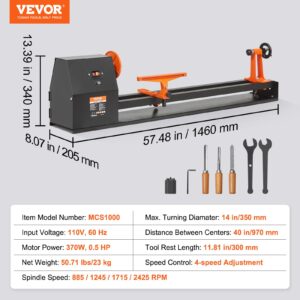 VEVOR Benchtop Wood Lathe, 14 in x 40 in, 0.5 HP 370W Power Wood Turning Lathe Machine, 4 Speed Adjustable 885/1245/1715/2425 RPM with Chisels Faceplate Plastic Handle Hex Wrench, for Woodworking