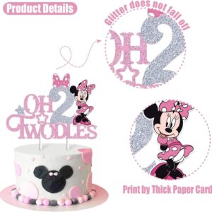 Mouse Oh Twodles Cake Topper for Girls, Pink Glitter Mouse Second 2nd Birthday Cake Topper with Pink Bows for Girls Birthday Party Decorations Supplies(Double-sided), Silver&pink (Silver&pink)