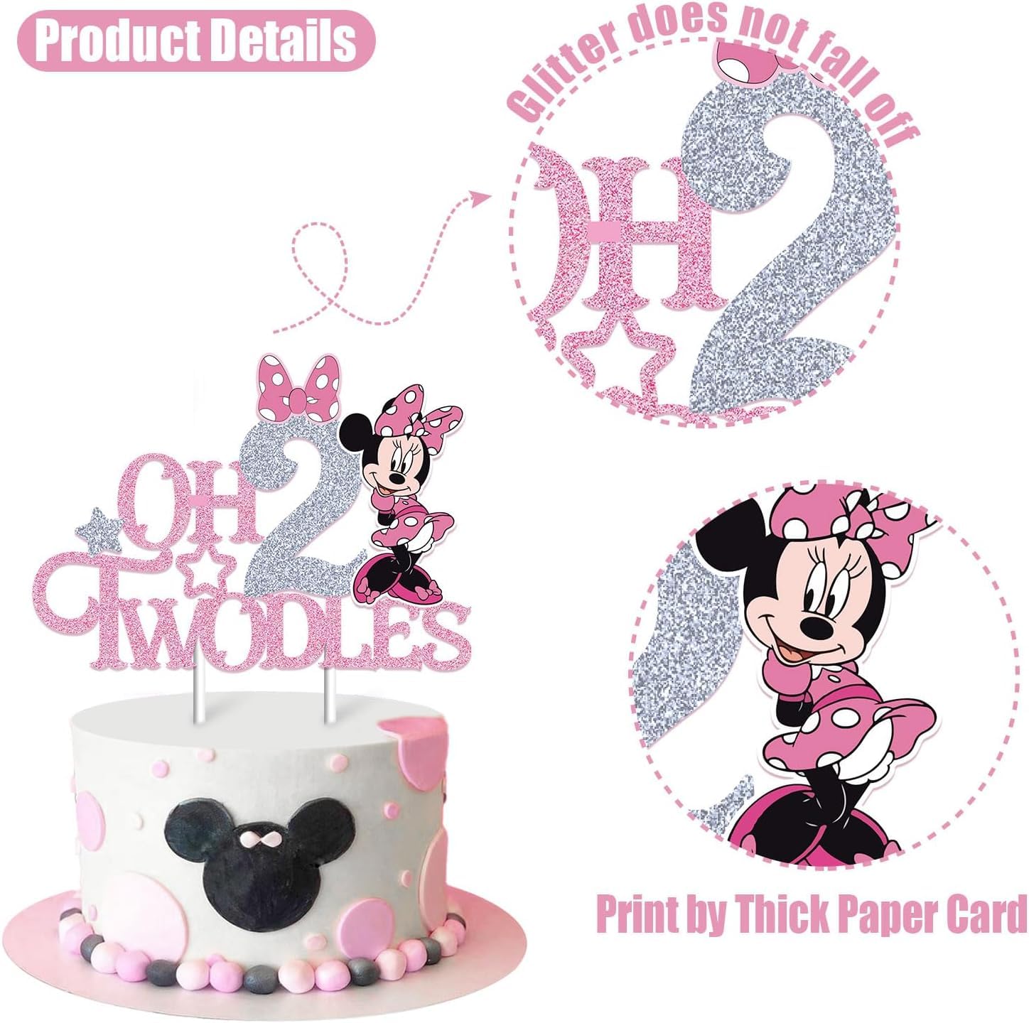 Mouse Oh Twodles Cake Topper for Girls, Pink Glitter Mouse Second 2nd Birthday Cake Topper with Pink Bows for Girls Birthday Party Decorations Supplies(Double-sided), Silver&pink (Silver&pink)