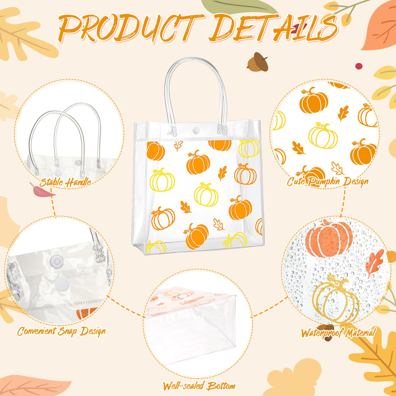 Aliceset 12 Pcs Clear Fall Pumpkin Gift Bag with Handles Pumpkin Party Plastic Favor Bag Fall Treat Bag Bulk Halloween Goodie Bag for Thanksgiving Day Fall Party Favor, 8 x 8 x 3.15 Inch(Orange)