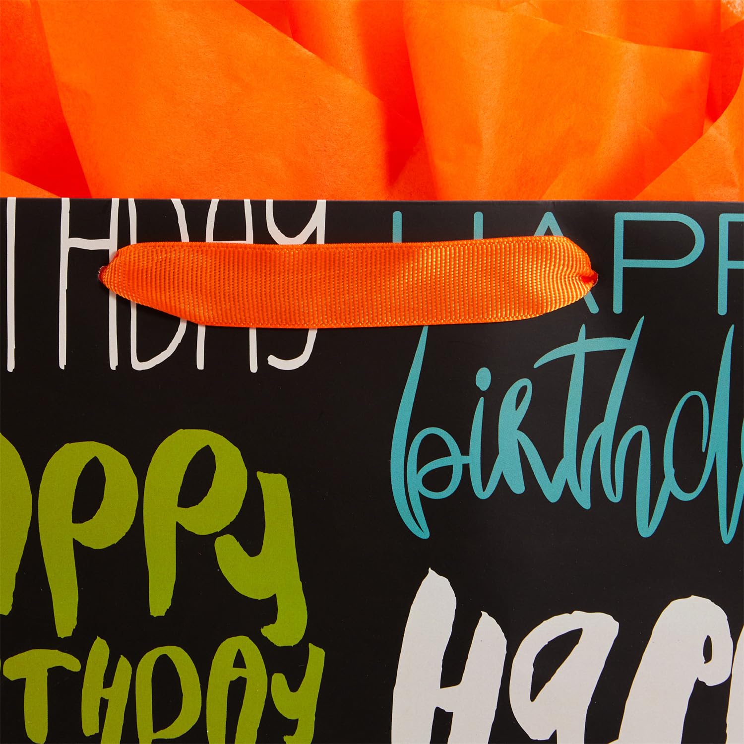 SUNCOLOR 13" Black Large Birthday Gift Bag with Orange Tissue Paper(Colorful Happy Birthday)