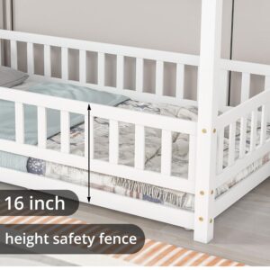 LLS Twin Floor Bed Frame with Fence, Wooden Montessori Bed, House Bed for Boys Girls Bedroom, White