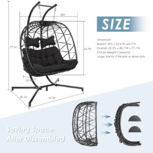 NICESOUL® 2 Seater Egg Swing Chair with Stand Double Person Outdoor Swing 510Lbs Capacity Large Black Hanging Chair Two Person Gray Rattan Black Olefin Cushions 510lbs Capacity