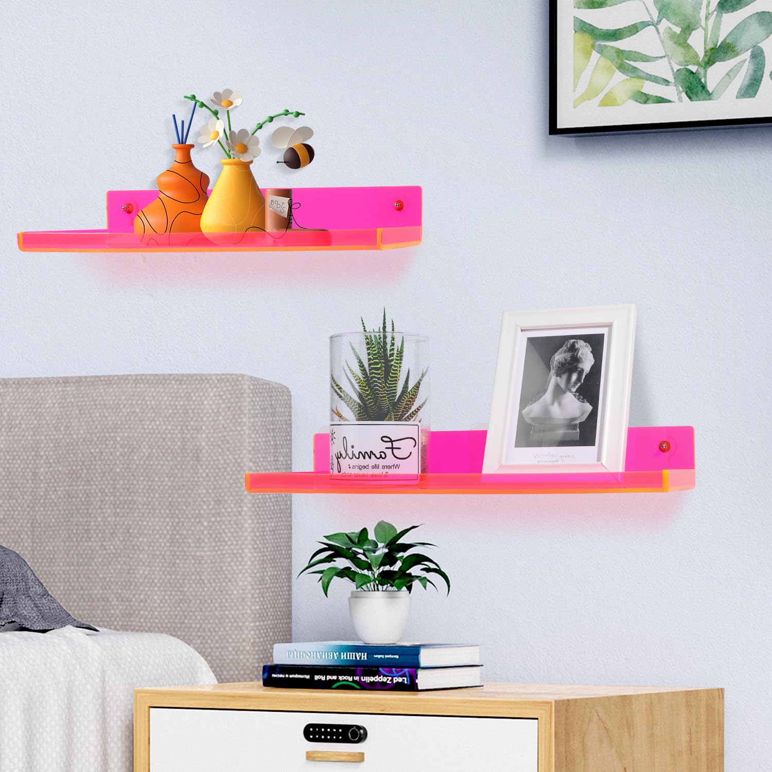 Floating Shelves for Wall Bedroom Bathroom Kitchen Plants Acrylic Floating Shelf 16.5X5.5'' Heavy Duty Adhesive No Drill, Pack of 2, Neon Pink