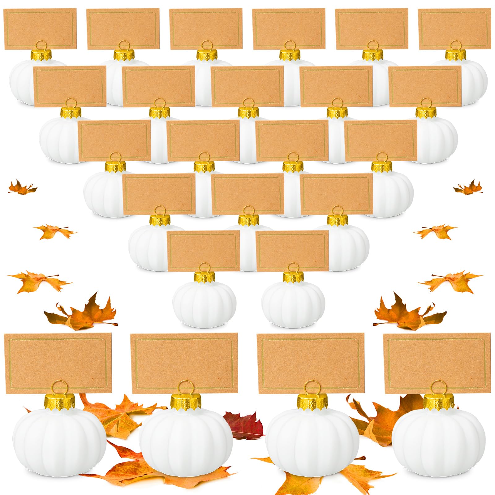 Soaoo 24 Set Thanksgiving Glass Harvest Pumpkin Place Card Holders with Thanksgiving Greeting Cards Fall Pumpkin Decor Table Name Holders Table Sign Card Holder for Thanksgiving Wedding Party (White)