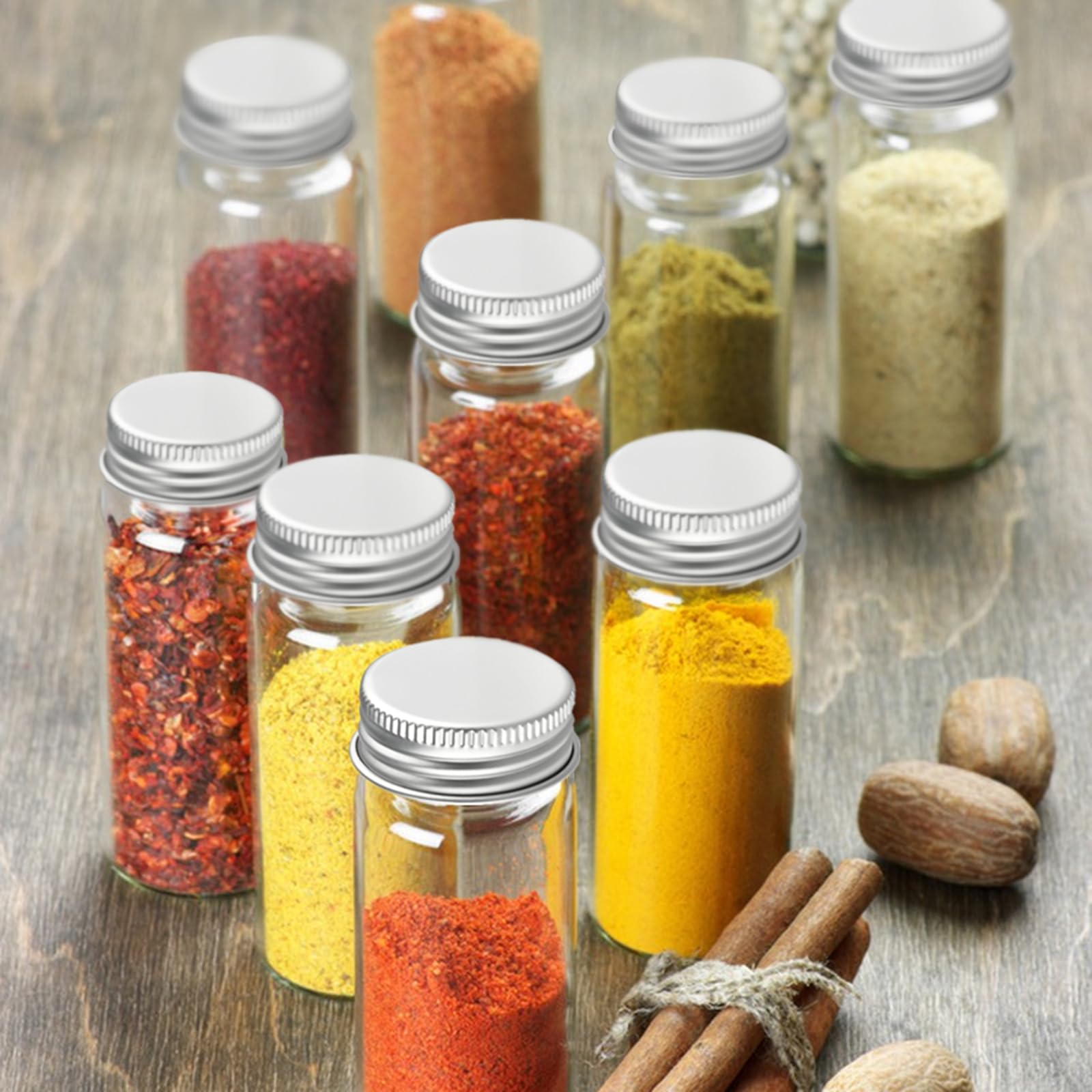 TUZAZO 12 PCS 50 ml / 1.7 oz Glass Spice Jars, Transparent Spice Containers with Aluminum Lids, Small Travel Seasoning Storage Bottles for Home Kitchen, Outdoor Camping, Gardening