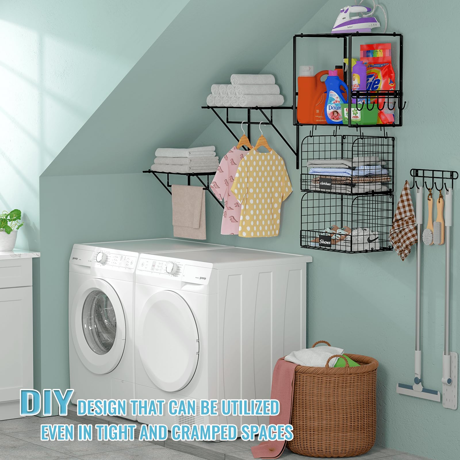 ThreeHio 3 Pack Laundry Room Shelves Wall Mounted with Wire Storage Baskets, Over Washer and Dryer Shelves with Hanging Rods and Hooks, Wire Wall Shelves Baskets for Laundry Organization and Storage