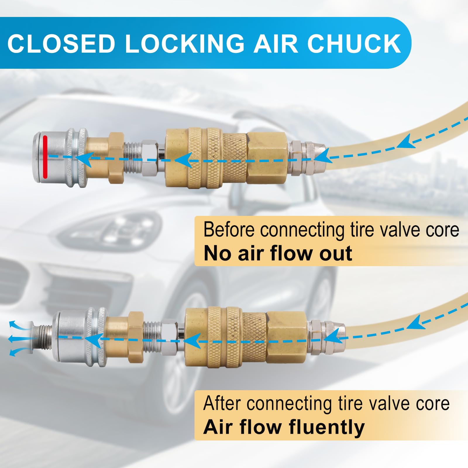 WNCGC Air Chuck,1/4 FNPT Closed Flow Brass Tire Air Chuck, Locking Air Chuck Quick Connect for Inflator Gauge Compressor Accessories (2 Pack)