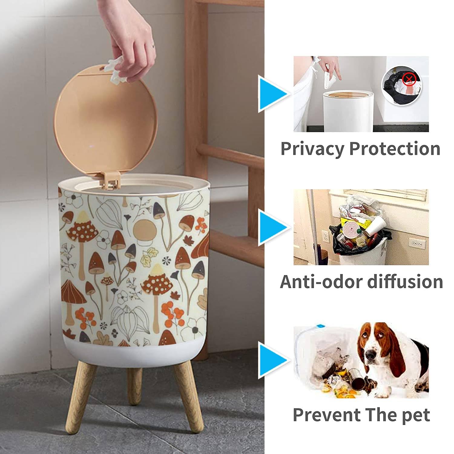 LGCZNWDFHTZ Small Trash Can with Lid for Bathroom Kitchen Office Diaper Autumnal Seamless Mushrooms Flowers Leaves Fruits Bedroom Garbage Trash Bin Dog Proof Waste Basket Cute Decorative