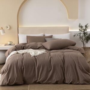 jiyuan 100% washed cotton duvet cover set comfy simple style soft breathable textured durable linen feel bedding for all seasons queen, solid brown