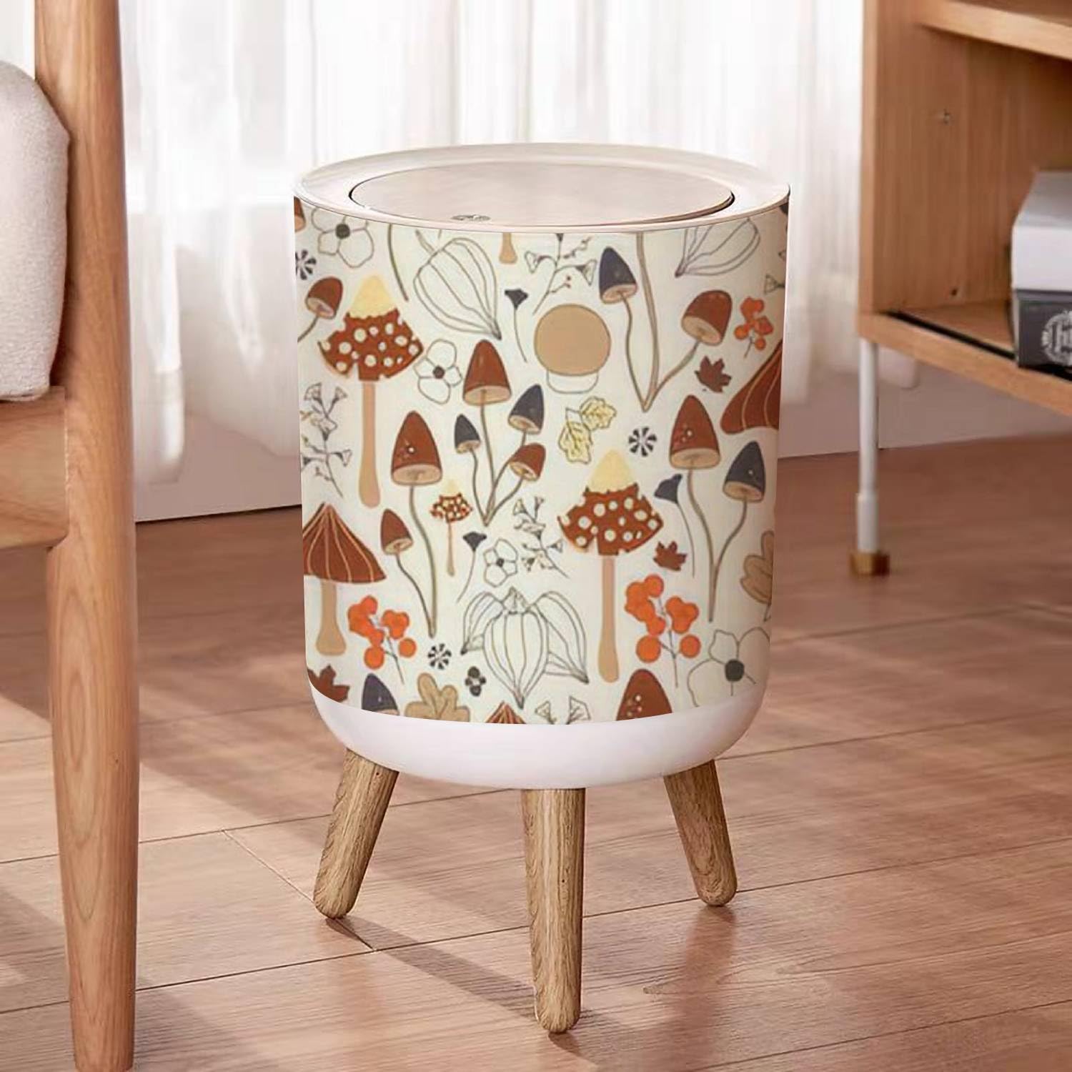 LGCZNWDFHTZ Small Trash Can with Lid for Bathroom Kitchen Office Diaper Autumnal Seamless Mushrooms Flowers Leaves Fruits Bedroom Garbage Trash Bin Dog Proof Waste Basket Cute Decorative