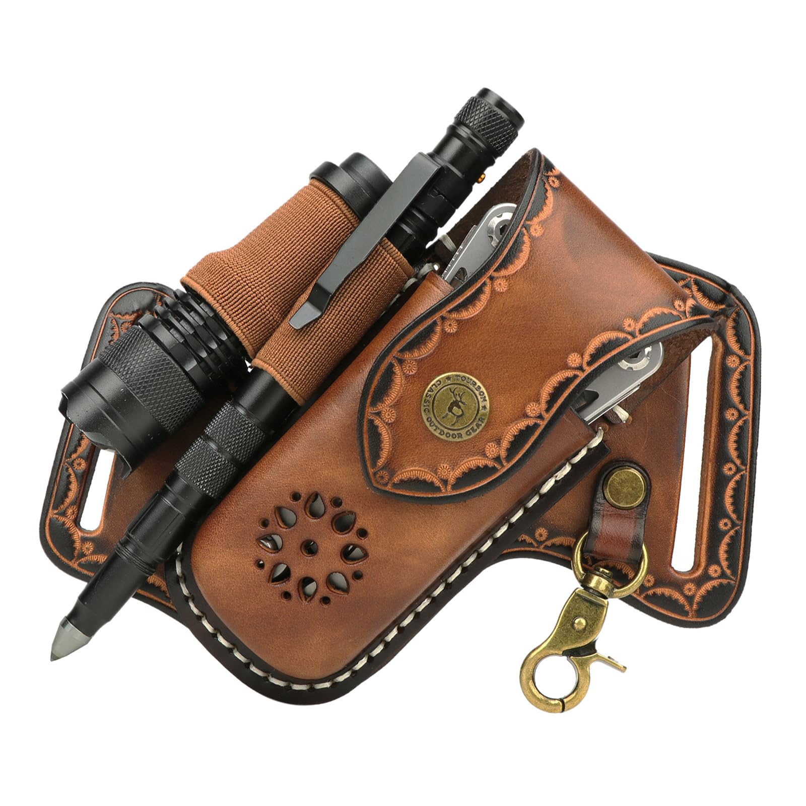 Tourbon Leather EDC Pocket Cross Draw Multitool Pouch Carrier Organizer Knife Sheath with Flashlight Self Defense Pen Holsters for Belt