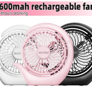 WUYILED Small Rechargeable Fan, Portable Usb or Battery Fan, 3600mah Small Desk Fan, 8-24Hours Working, 3 Speed & Keep Quiet, 3.28Ft Charging Cord(Black)