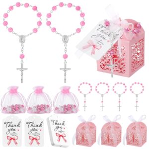 yuxung 100 pcs baptism favors set includes 25 pcs mini rosary 25 pcs cross boxes 25 pcs white organza bags 25 pcs thank you tags for shower supplies guest return gifts for wedding, pink