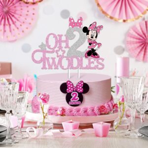 Mouse Oh Twodles Cake Topper for Girls, Pink Glitter Mouse Second 2nd Birthday Cake Topper with Pink Bows for Girls Birthday Party Decorations Supplies(Double-sided), Silver&pink (Silver&pink)