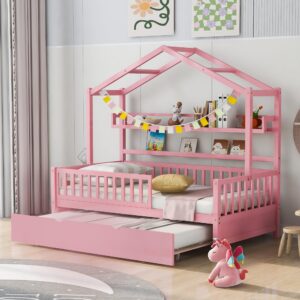 harper & bright designs wooden twin size house bed with trundle,kids bed with shelf, white (twin, pink+trundle1)