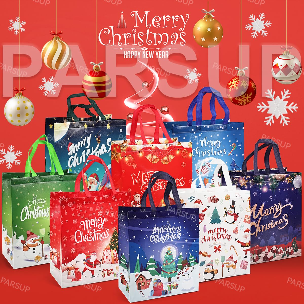 PARSUP 8PCS Large Christmas Gift Bags, Tote Bags with Handles, Christmas Treat Bags, Multifunctional Non-Woven Christmas Bags for Gifts Wrapping Shopping, Xmas Party Supplies, 15"×13.8"×5.9"