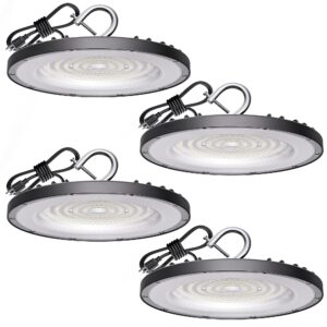 4 pack ufo led high bay light 150w(600w mh/hps equiv.), 21000lm, 5000k daylight high bay led shop lights with 5' cable us hook, ip65 commercial light fixture for warehouse workshop barn factory