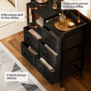 Furnulem 5 Drawer Black Dressers for Bedroom 2 Tier Shelf Storage Small Fabric Dresser for Closet Sturdy Metal Frame Modern Dresser Bedroom Dresser with Drawers for Hallway Rooms