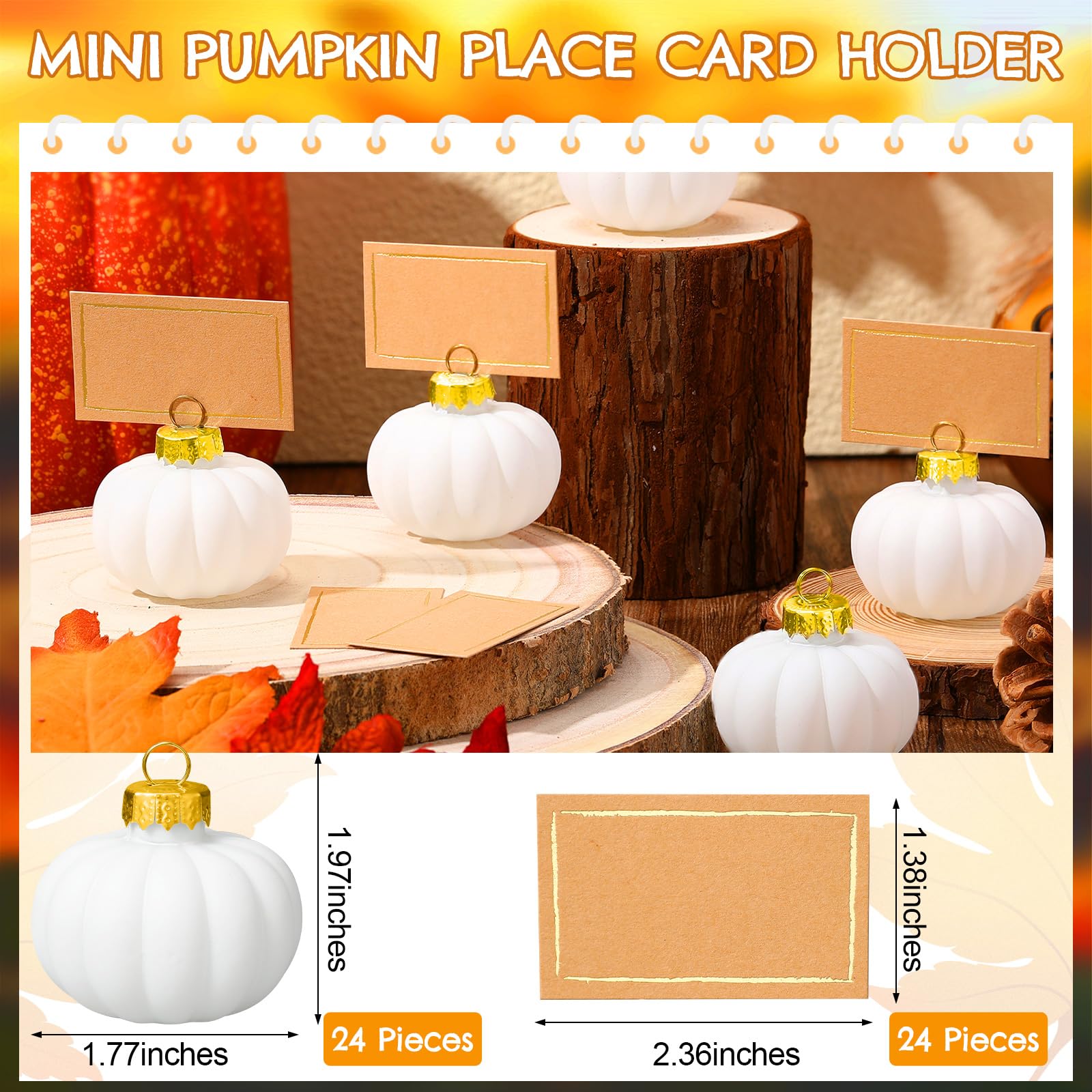 Soaoo 24 Set Thanksgiving Glass Harvest Pumpkin Place Card Holders with Thanksgiving Greeting Cards Fall Pumpkin Decor Table Name Holders Table Sign Card Holder for Thanksgiving Wedding Party (White)