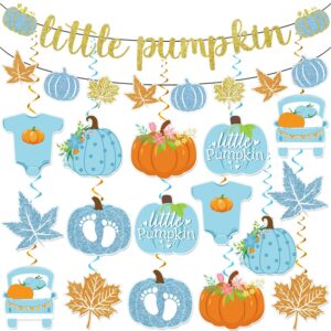 little pumpkin baby shower deorations, fall leaves blue little pumpkin banner and pumpkins hanging swirls, fall theme boy baby shower little pumpkin birthday party decorations