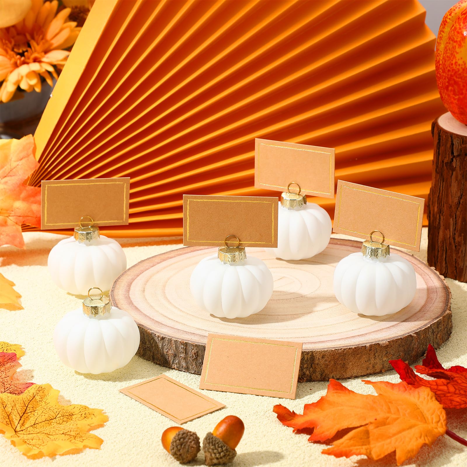 Soaoo 24 Set Thanksgiving Glass Harvest Pumpkin Place Card Holders with Thanksgiving Greeting Cards Fall Pumpkin Decor Table Name Holders Table Sign Card Holder for Thanksgiving Wedding Party (White)