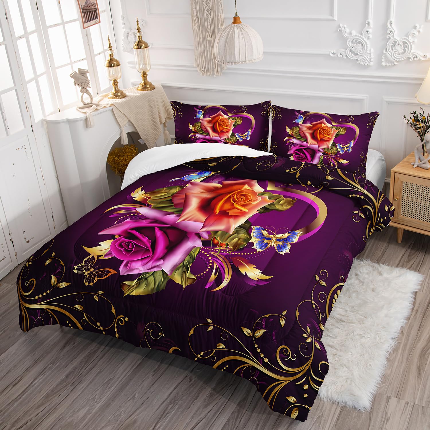 AILONEN Red Rose Comforter Set Queen Size, Gold Botanical Floral Bedding Set,Purple Hearts Comforter Set for Girls Women,Rose Butterfly Comforter and 2 Pillowcases,3 Pieces