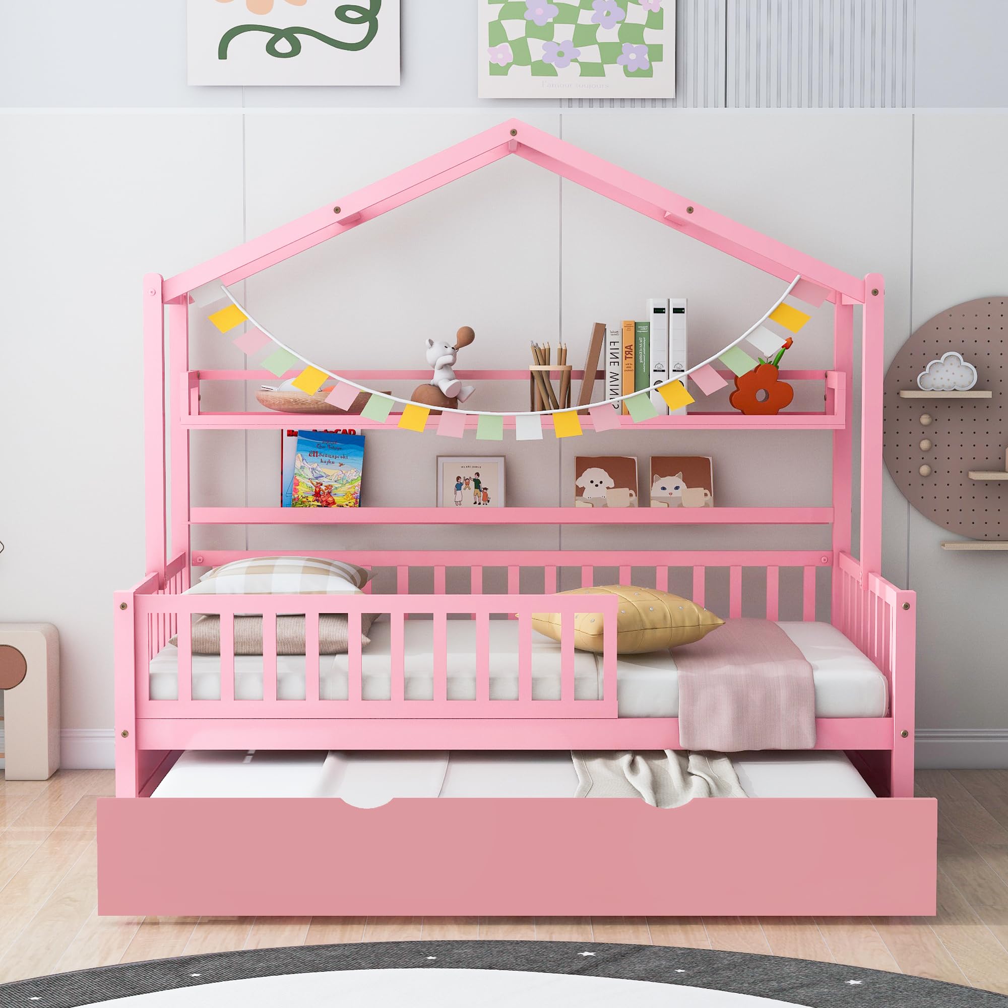 Harper & Bright Designs Wooden Twin Size House Bed with Trundle,Kids Bed with Shelf, White (Twin, Pink+Trundle1)